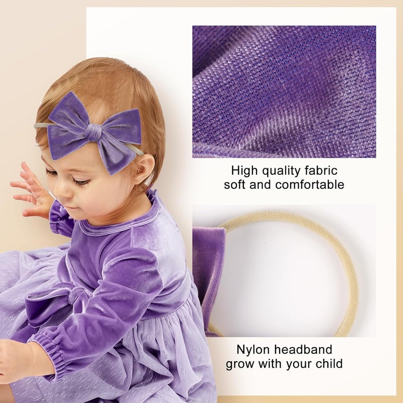 ONENINEDREAM 4'' Baby Velvet Gloss Bows Handmade Headbands Tied Bow Elastic Nylon Hair Accessories for Baby Girls Newborn Infant 3 Pcs Purple Turmeric Brown - Image 5
